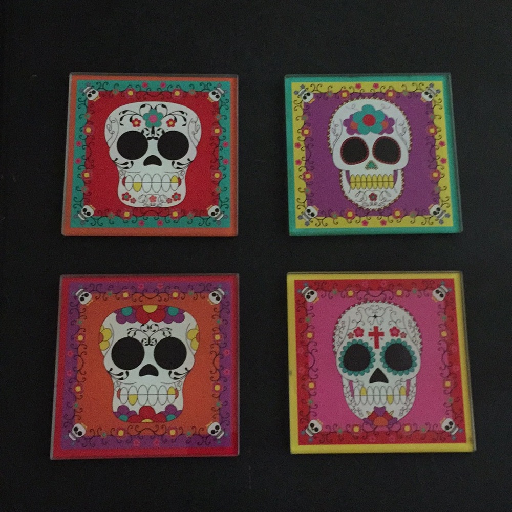 Sugar skull colorful glass coasters